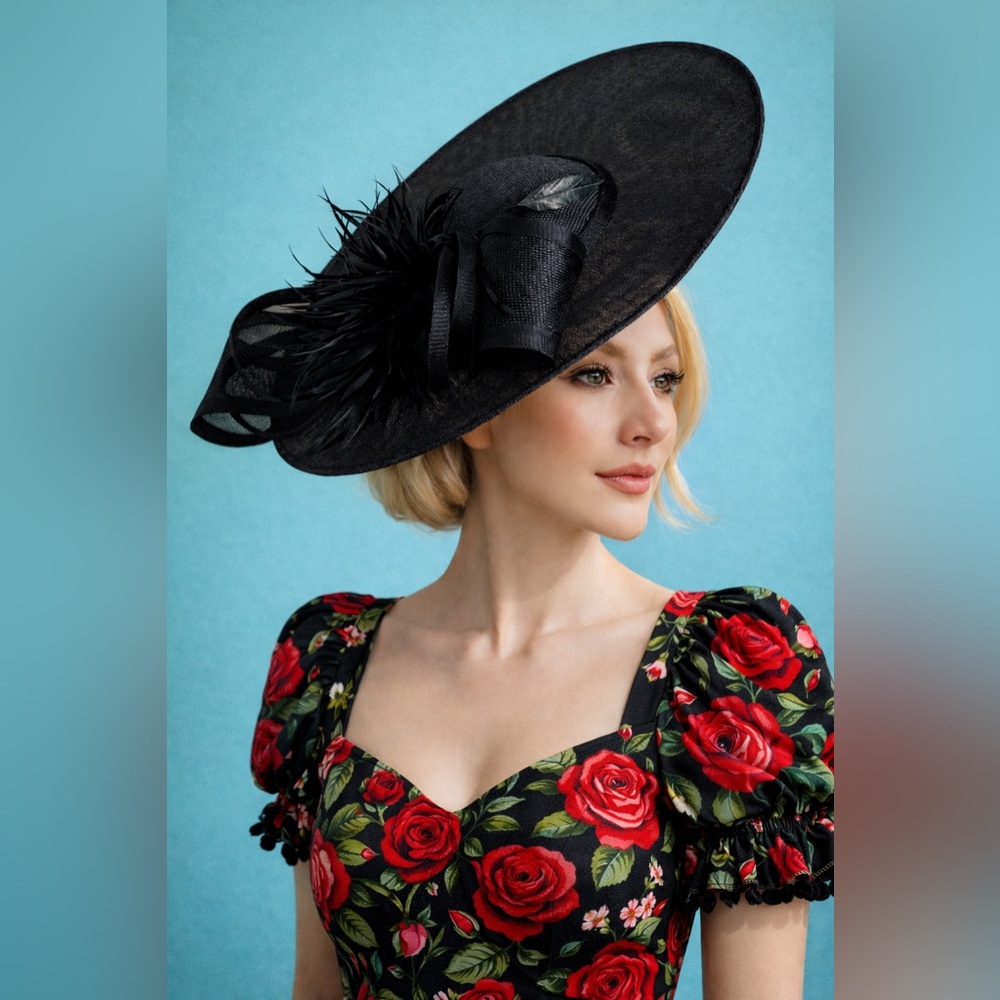 Black Elegance Wide Brim Fascinator KY Derby & Oaks Race Day Statement Hat